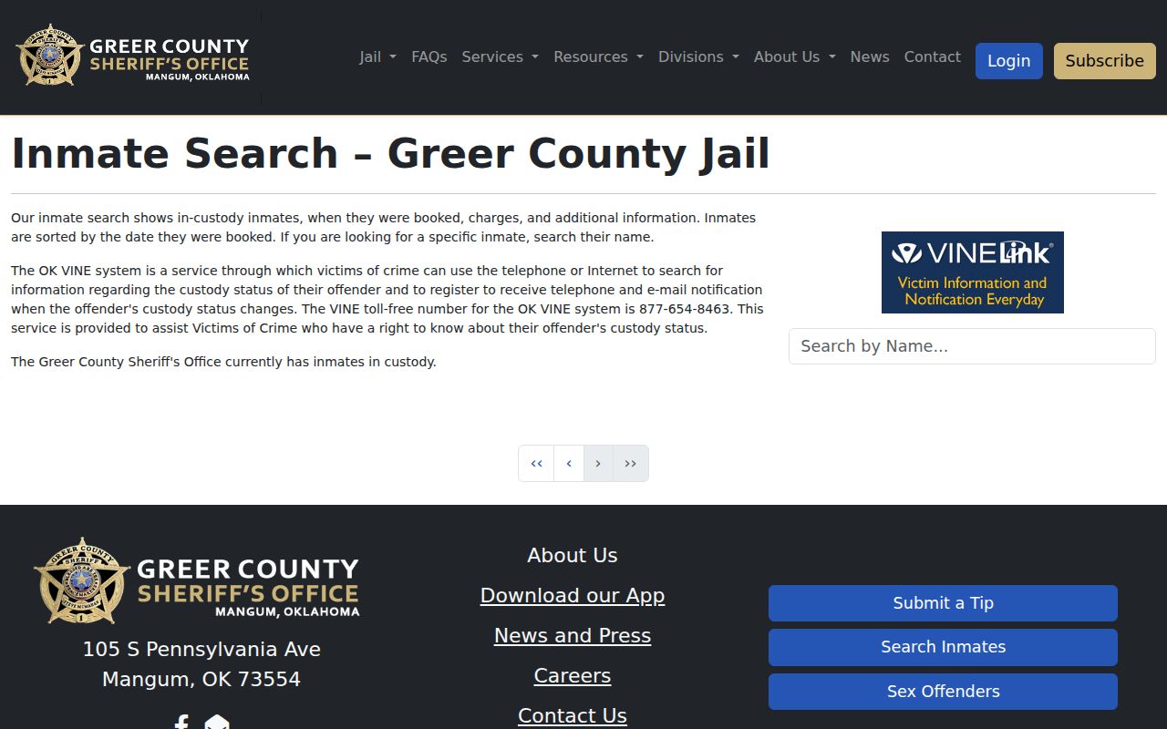 Greer County released inmate search showing the current in-custody roster scope