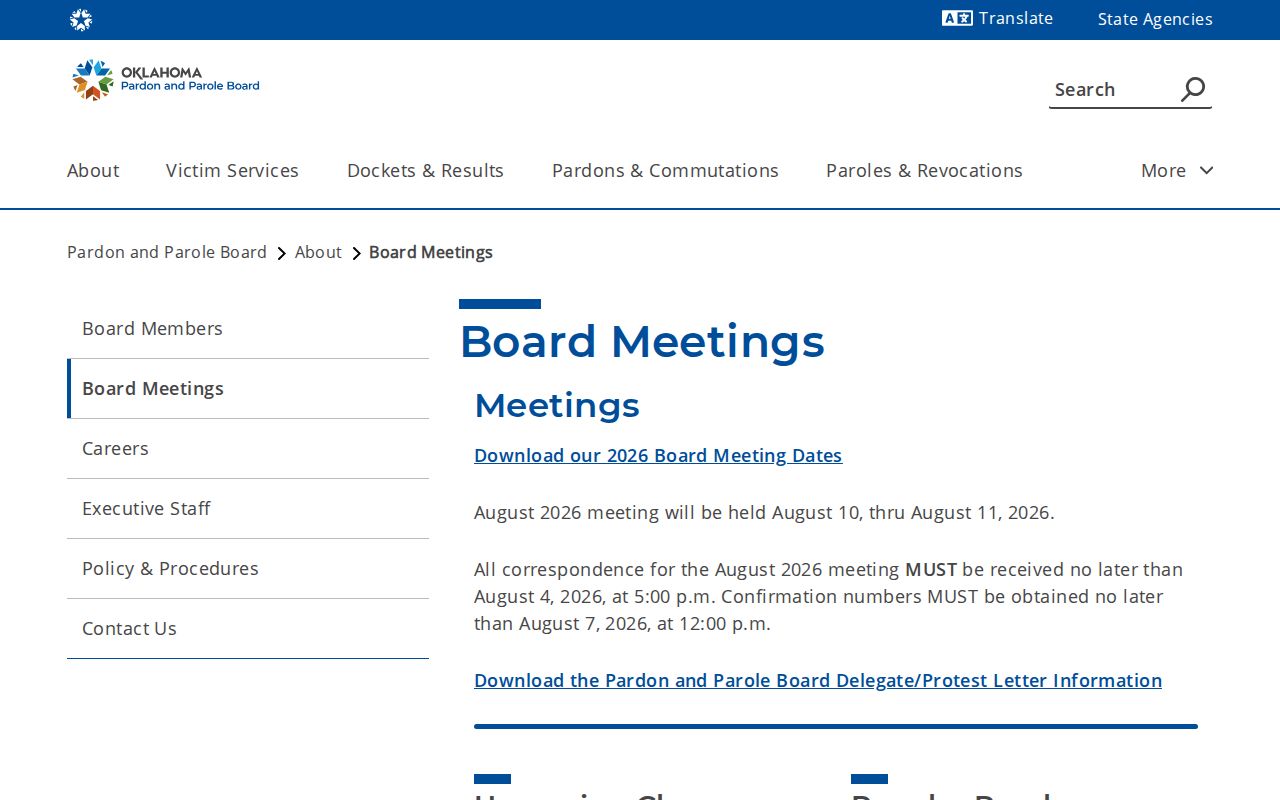 Greer County parole hearing annual schedule and monthly meeting resources