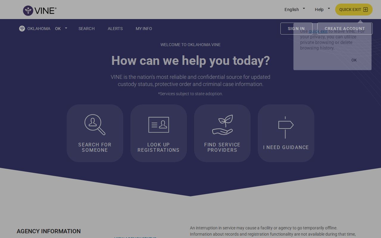 Oklahoma VINELink portal for Greer County custody and release alerts